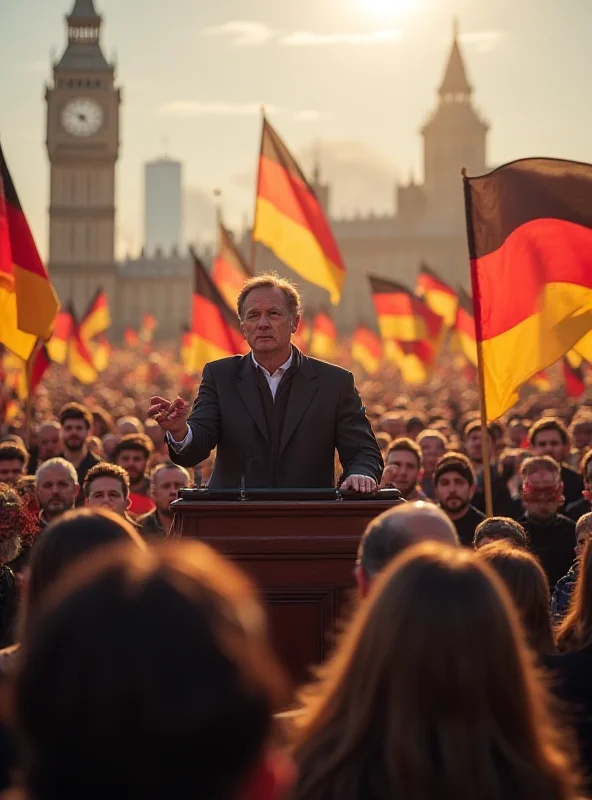 Friedrich Merz speaking at a political rally in Germany, surrounded by supporters holding German flags.