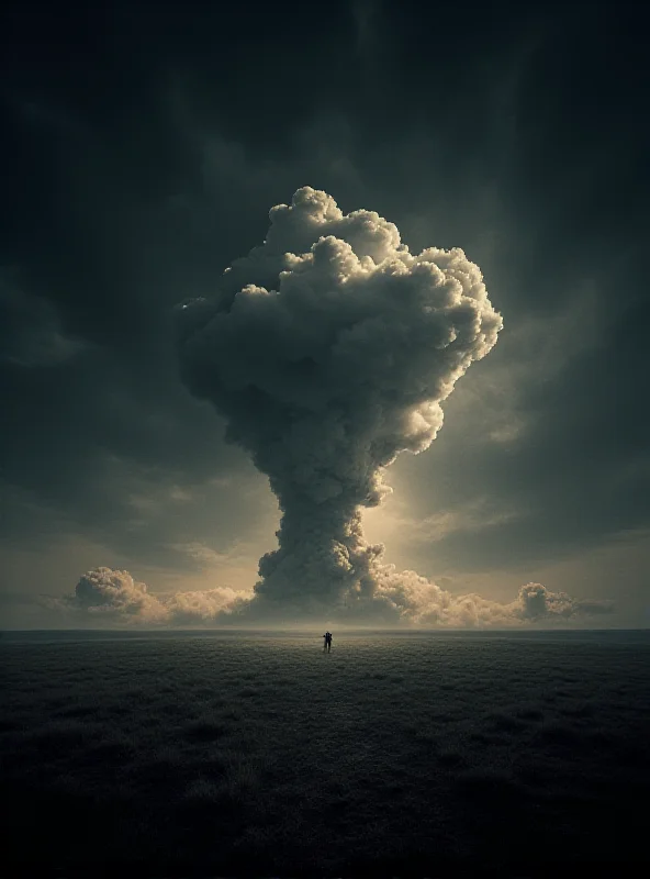 A mushroom cloud rising in the distance, symbolizing the dangers of nuclear weapons.
