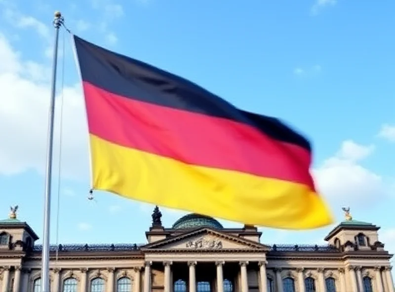 German flag waving in front of the Reichstag building in Berlin.