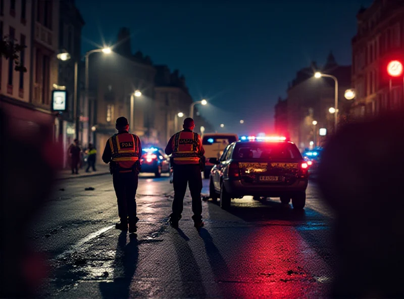 Police investigating a car accident scene in a city center at night.