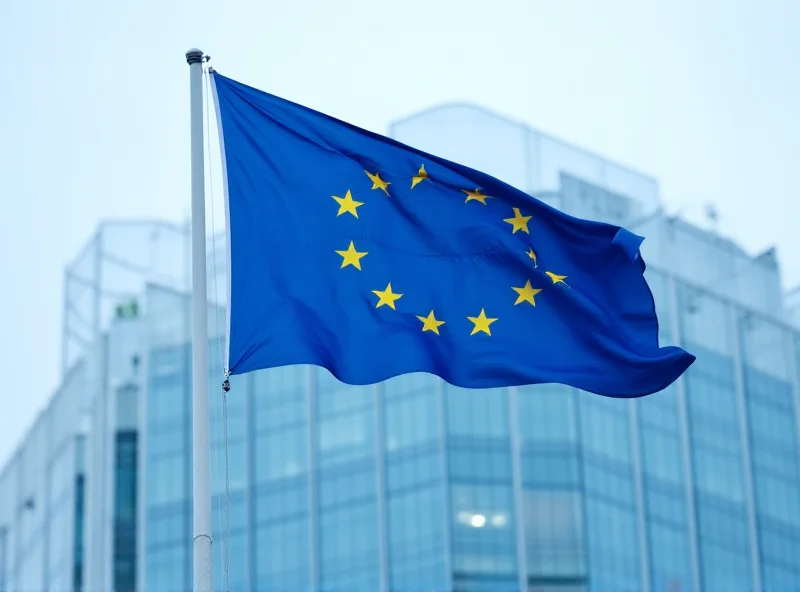 European Union flag waving in front of a modern, glass-walled building with a serious and determined atmosphere.