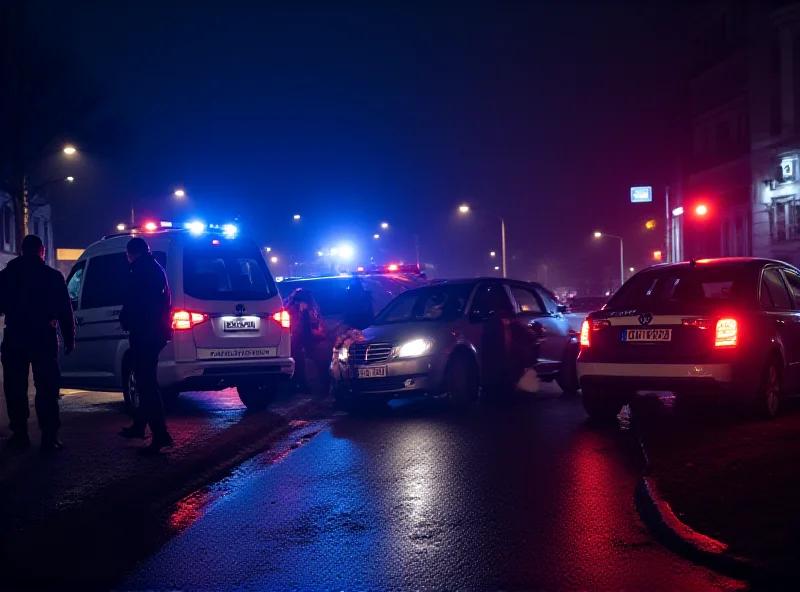 Police investigating a car accident scene with flashing lights at night.