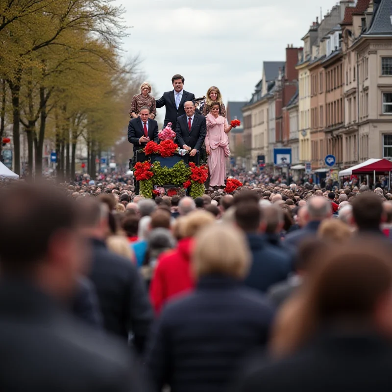 Street parade with a political float, crowd blurred in the background.