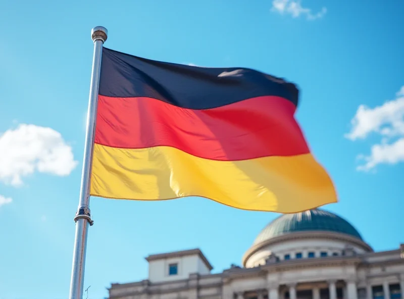 German flag waving in front of the Reichstag building in Berlin.