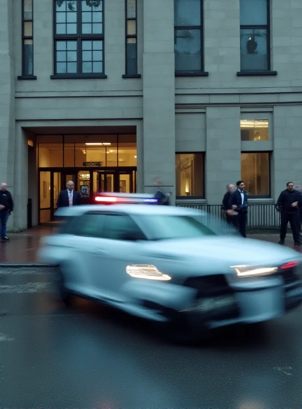 Police car parked in front of a courthouse with blurred figures in the background.