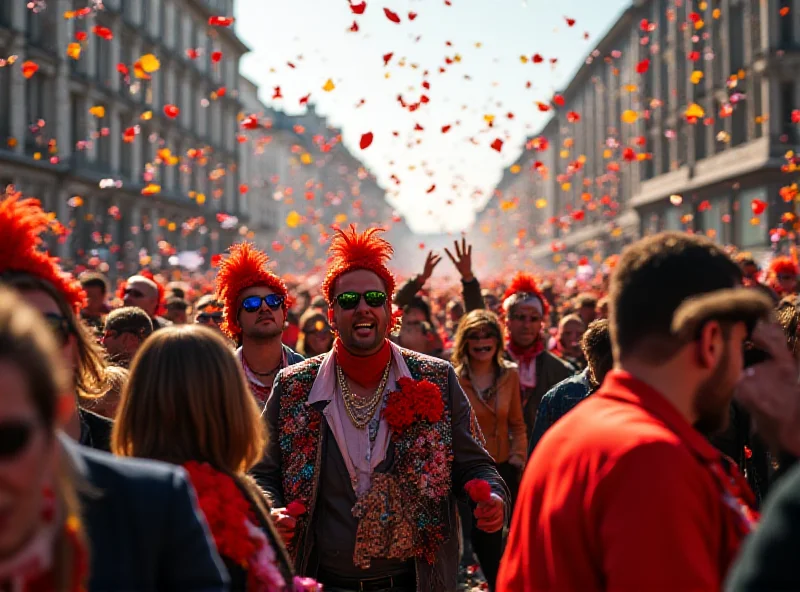 Crowd of people celebrating carnival in Cologne, Germany, with colorful costumes and confetti.