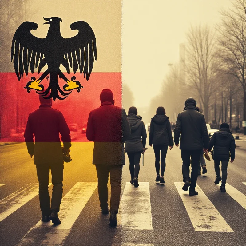 A stylized image representing Germany, with a strong focus on symbols of defense and security alongside images of pedestrians, symbolizing the two main topics of the article.