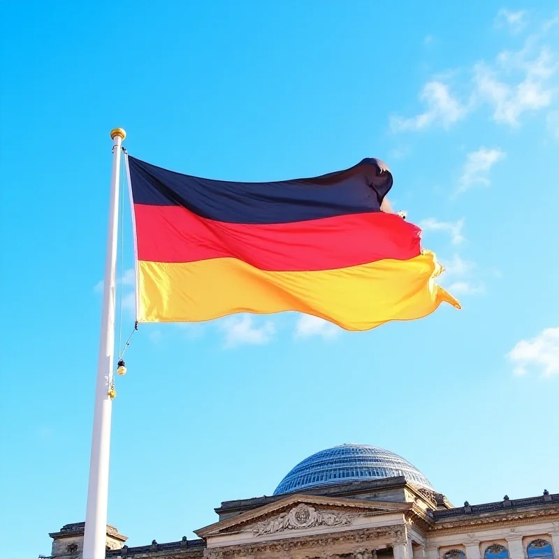 The German flag waving in front of the Reichstag building in Berlin.