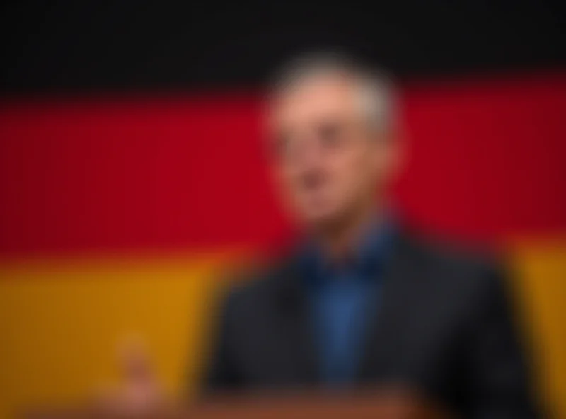 Friedrich Merz speaking at a podium in front of a German flag.