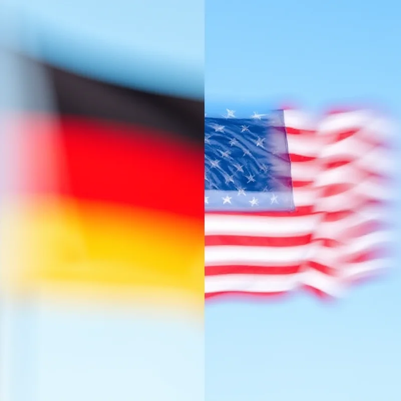 A split image showing the German flag on one side and the American flag on the other, symbolizing the two different stories.