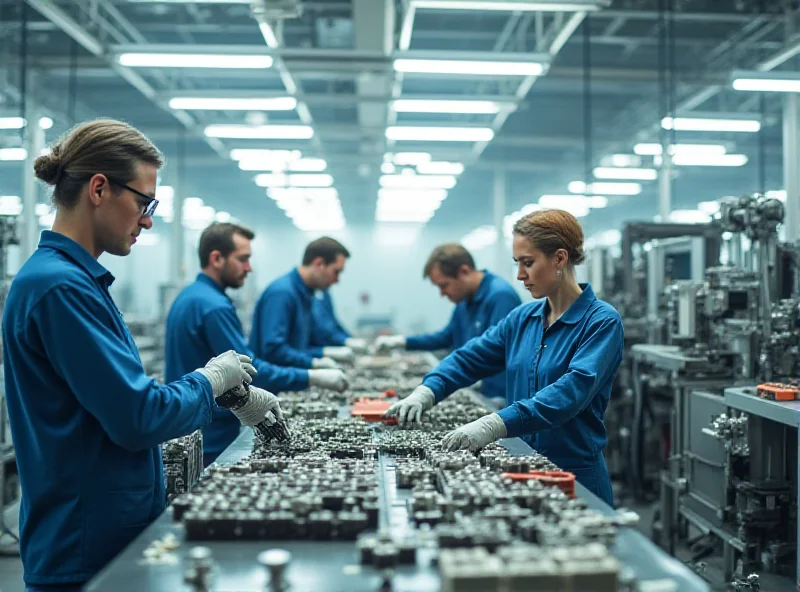 A bustling German factory floor, showcasing advanced manufacturing processes. Workers are seen assembling complex machinery, with robots assisting in the production line. The overall atmosphere is one of innovation and precision, but with subtle hints of concern or pressure on the workers' faces.