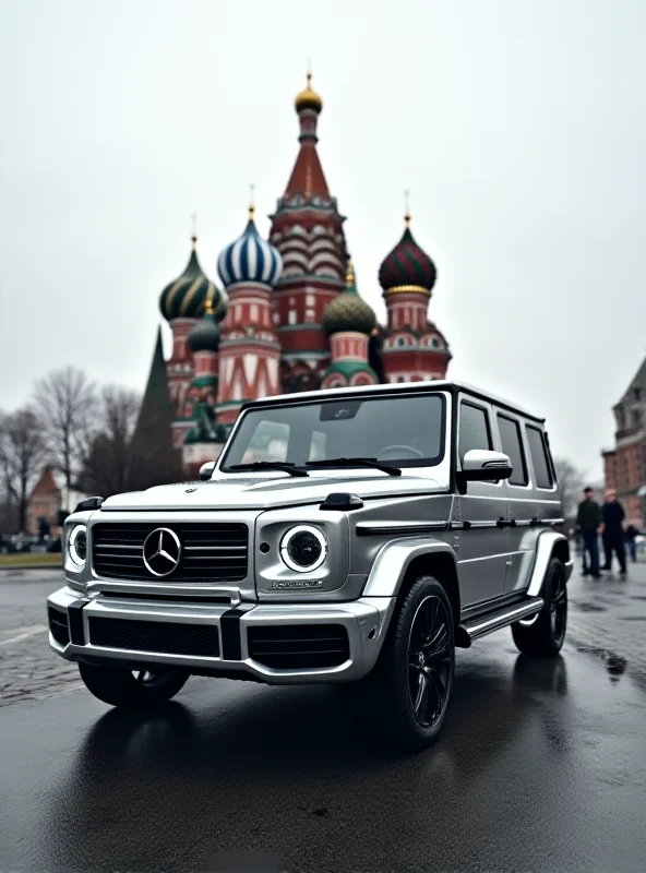 A sleek, silver G-Class SUV parked in front of the iconic St. Basil's Cathedral in Moscow, Russia. The vehicle is subtly positioned to emphasize its luxury and status, with a hint of a shadowy figure standing nearby, suggesting the car belongs to someone of influence or power. The overall tone is one of defiance and circumvention, highlighting the ongoing trade between Germany and Russia despite sanctions.