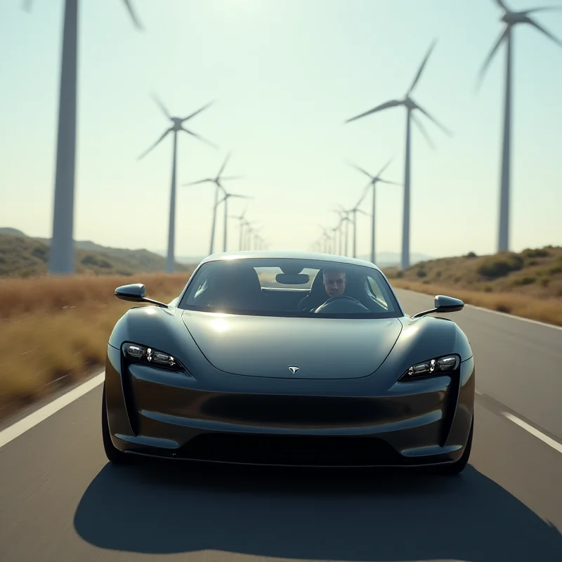 A Tesla Roadster driving down a scenic European highway, with wind turbines visible in the background. The car is portrayed as sleek and futuristic, but with a subtle sense of unease or disappointment in the driver's expression, reflecting the changing perception of the brand.