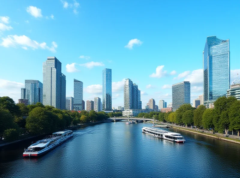 A cityscape of Frankfurt, Germany, with modern skyscrapers and the Main River in the foreground.