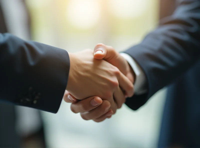 Close-up of hands shaking, symbolizing a business agreement between two companies.