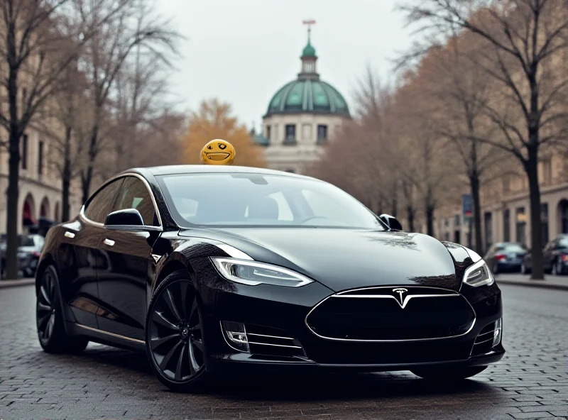 Tesla car in a German city with a frowning emoji overlayed on the Tesla logo.