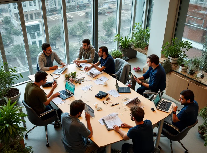 Aerial view of a modern startup office space in Berlin, Germany, filled with young professionals collaborating on projects. The atmosphere is energetic and innovative, with large windows providing natural light.