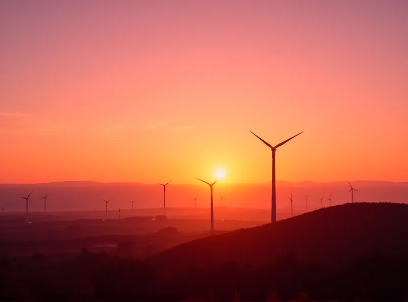 A wind turbine farm at sunset in the German countryside. Rolling hills are visible in the background, and the sky is filled with orange and purple hues. The turbines are silhouetted against the setting sun.