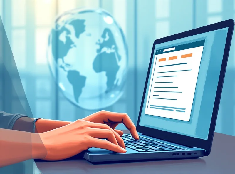 Illustration of a person typing on a laptop with a globe in the background, symbolizing domain name registration.