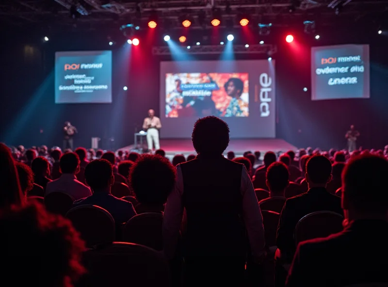 Attendees at a QNET V-Africa conference session, actively listening to a speaker on stage.