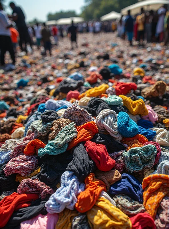 A pile of discarded used clothing in an open-air market in Accra, Ghana.