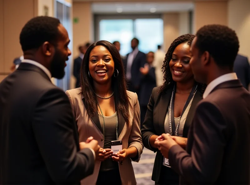 A group of African entrepreneurs networking at the QNET V-Africa 2025 event, smiling and exchanging business cards.