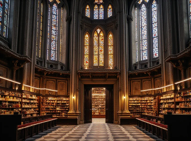 Exterior view of the Sint-Annakerk in Ghent, Belgium, showcasing its Gothic architecture and stained glass windows, with the Delhaize logo subtly integrated into the scene, indicating the future transformation into a market.