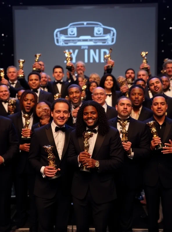 A group of people celebrating at an awards ceremony, holding trophies.