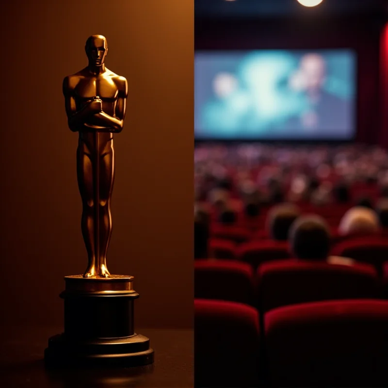 A split image showing an Oscar statuette on one side and a movie theater filled with people on the other, symbolizing the divide between awards and box office success.