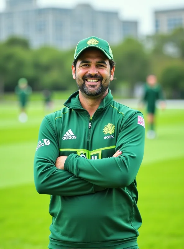 Aaqib Javed, the newly appointed Pakistan cricket coach, smiling confidently on a cricket field.