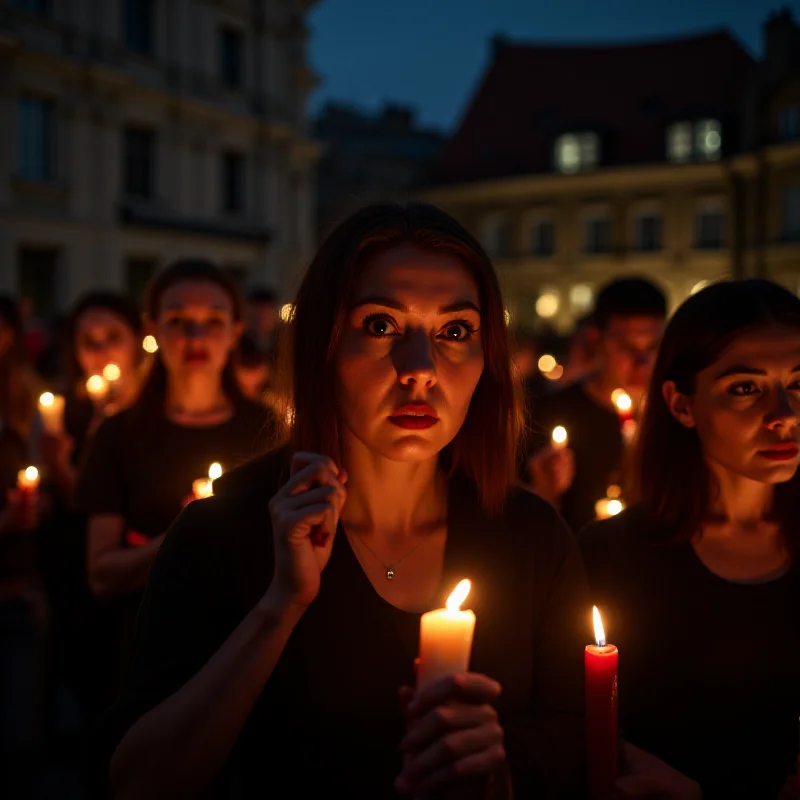 A candlelit vigil in a public square, with people holding candles and looking somber.