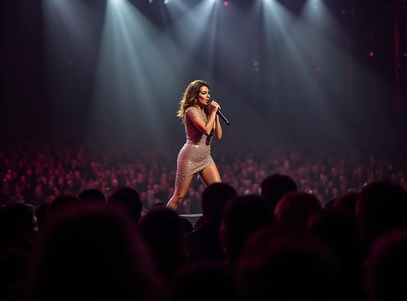 Olivia Rodrigo performing live on stage with a microphone, with a large crowd in the background, bathed in stage lights.