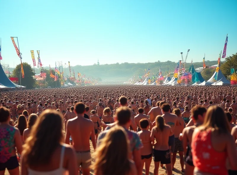 A large crowd of people at an outdoor music festival, with colorful tents and flags in the background, under a clear blue sky.