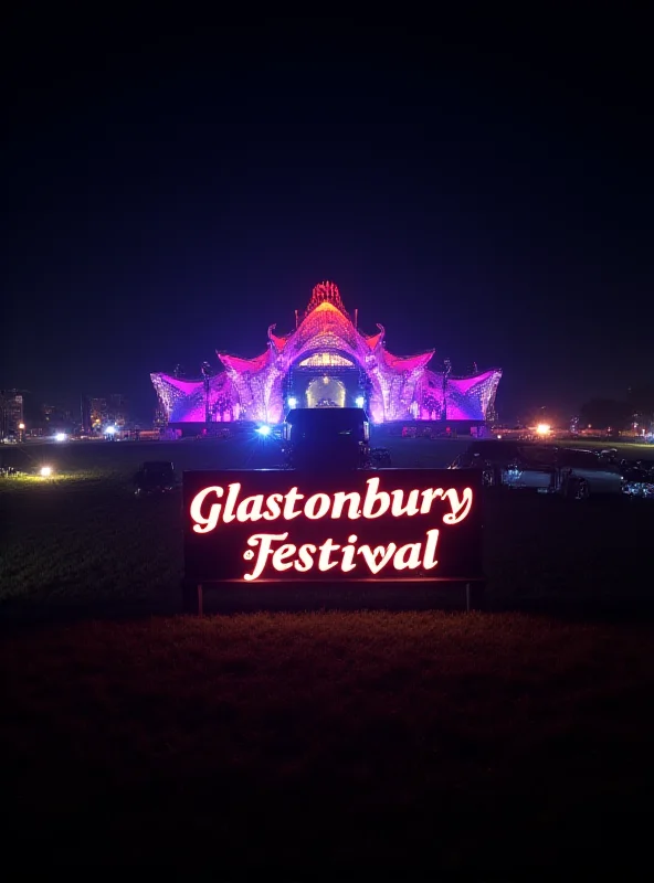 The Glastonbury Festival sign with the iconic Pyramid Stage in the background, illuminated at night with colourful lights.