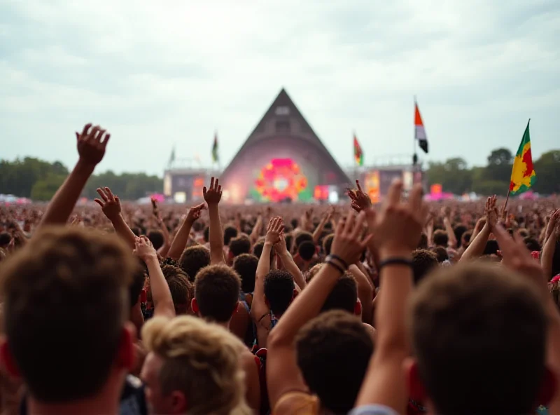 A vibrant and bustling crowd at Glastonbury Festival, enjoying a live music performance on a sunny day. The Pyramid Stage is visible in the background, with colorful flags and banners waving in the air.