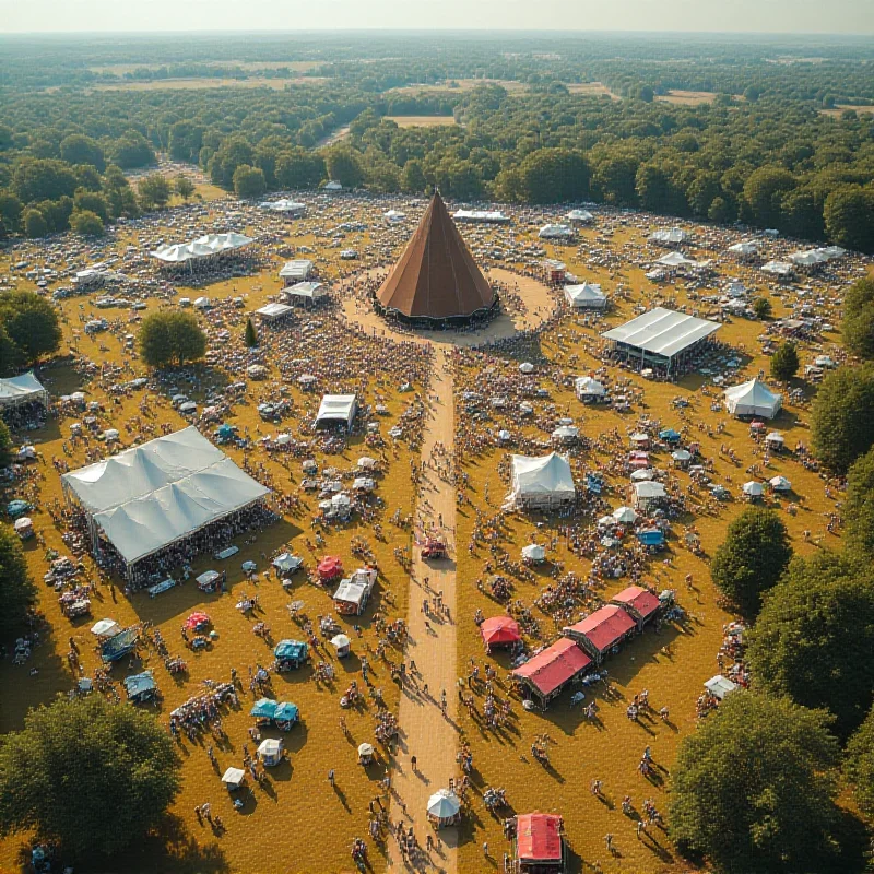 An aerial view of Worthy Farm during Glastonbury Festival, showcasing the vast expanse of the festival grounds with various stages, tents, and art installations. The iconic Pyramid Stage is prominently visible.