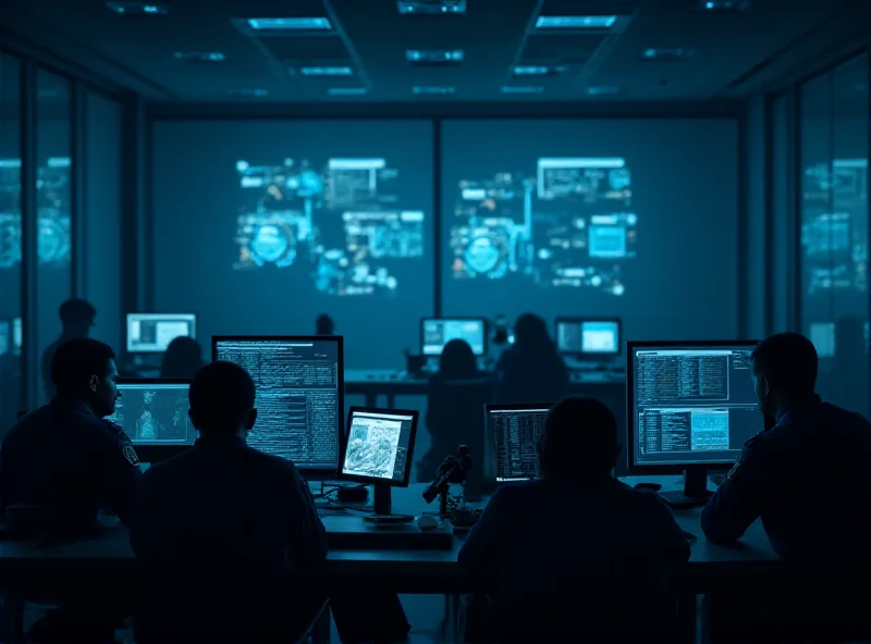 Police officers working at computers in a darkened room, representing a global cybercrime task force.