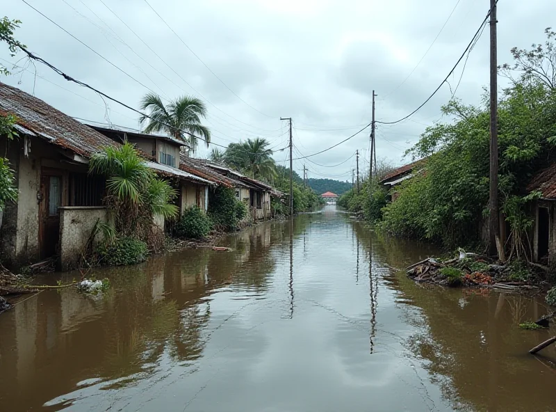 A flooded street on Reunion Island after a cyclone, with damaged buildings and debris visible.