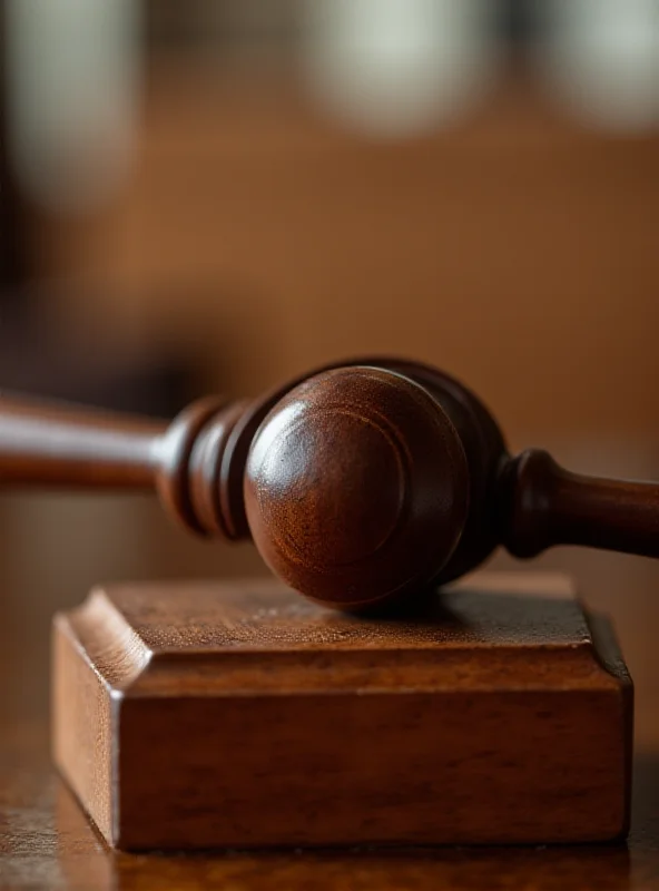 A gavel resting on a wooden block in a courtroom setting, symbolizing legal proceedings and justice.