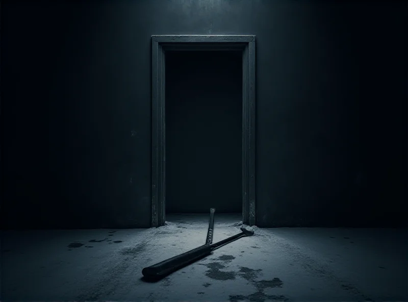 A somber scene depicting a hockey stick resting against a darkened doorway, symbolizing a family tragedy.