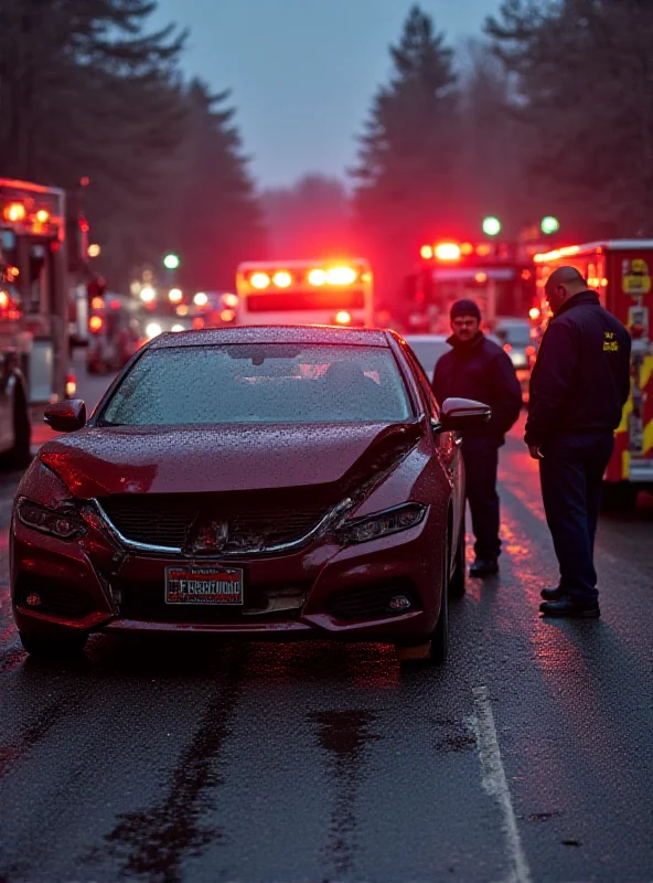 A damaged car at the scene of a traffic accident, with emergency services attending to the injured.