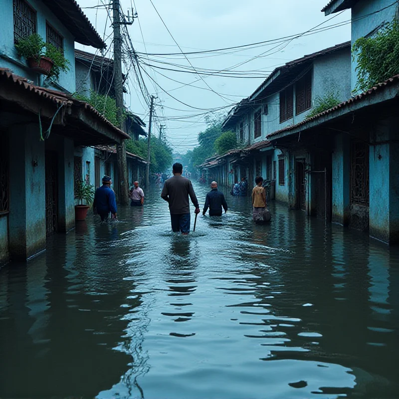 Flooded streets in Jakarta, with residents wading through water and homes submerged, illustrating the devastating impact of the disaster.