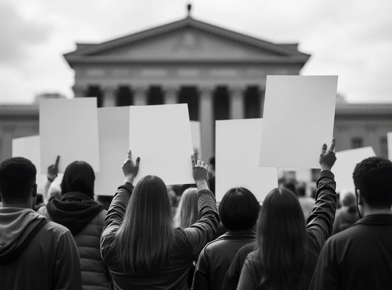 A group of people protesting silently, holding signs in front of a government building. The scene should convey a sense of oppression and restricted freedom.