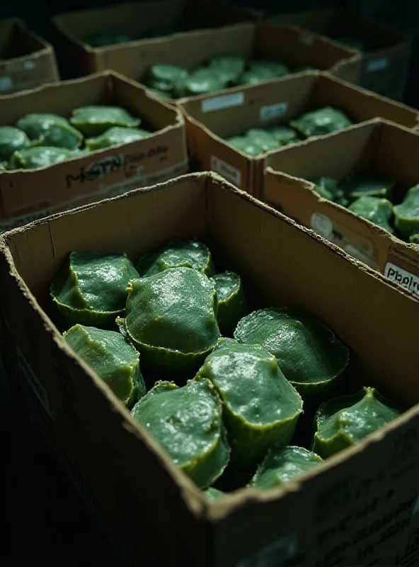 A close-up shot of boxes filled with sliced cactus (nopales), with some of the cactus pieces revealing hidden packages of fentanyl. The scene should be a warehouse or storage facility.