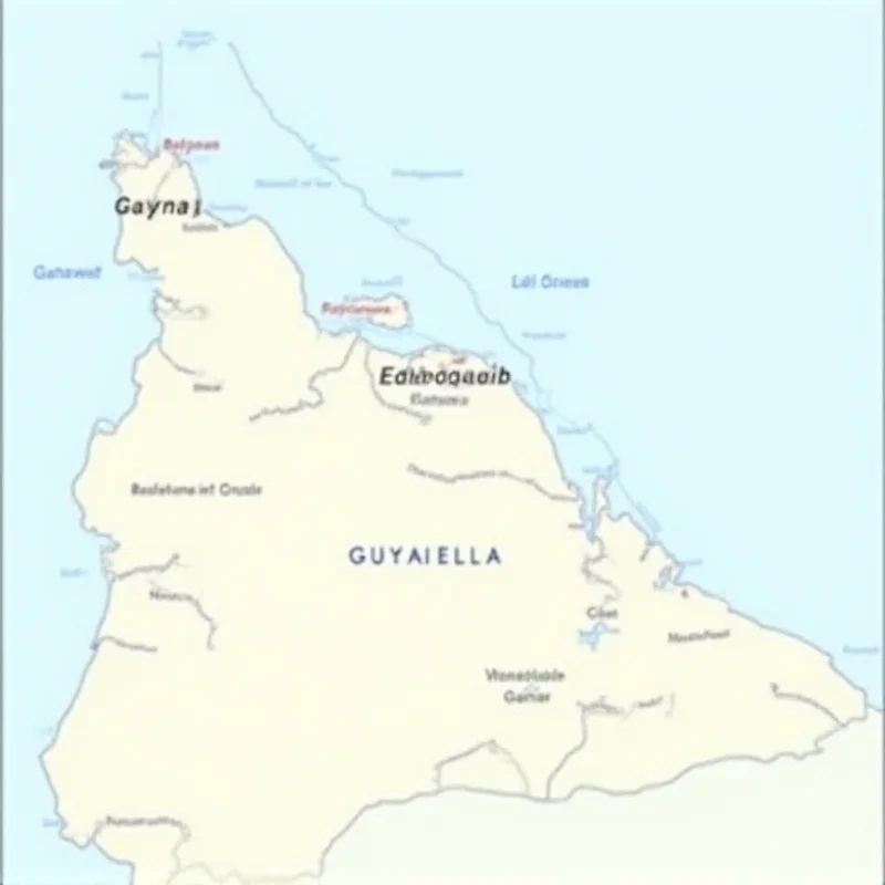 A map showing the Essequibo region in dispute between Guyana and Venezuela, with the borders clearly marked and highlighted. The scene should be professional and informative.