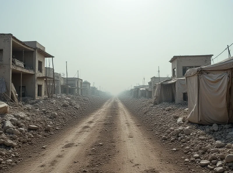 A desolate landscape in Gaza with damaged buildings and tents, emphasizing the urgent need for shelter and aid, with a somber and urgent atmosphere.