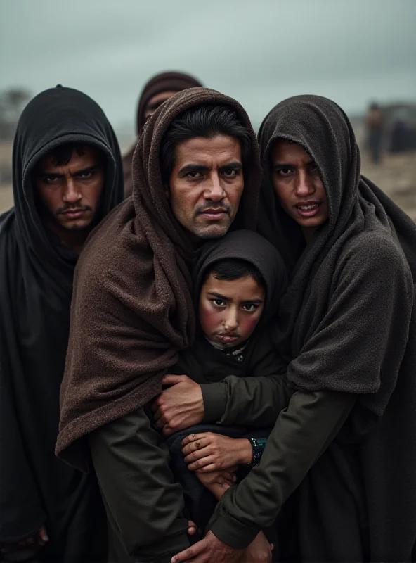 A group of Afghan refugees huddled together in a camp, looking weary and hopeful, symbolizing the challenges they face while seeking asylum in the UK, with a focus on their resilience and determination.