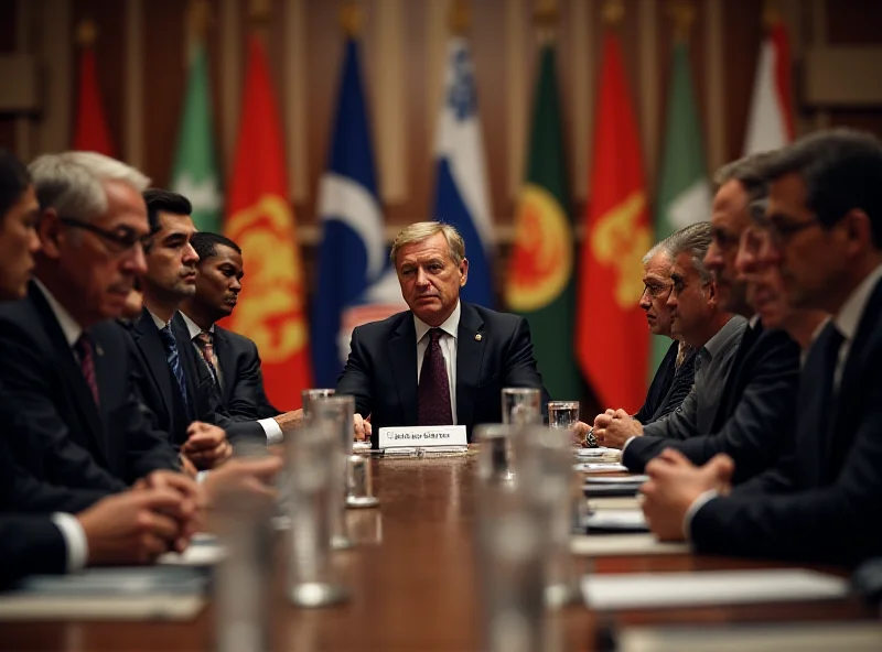 A diverse group of finance ministers sitting around a large conference table, some looking disinterested or distracted, with flags of various nations blurred in the background.