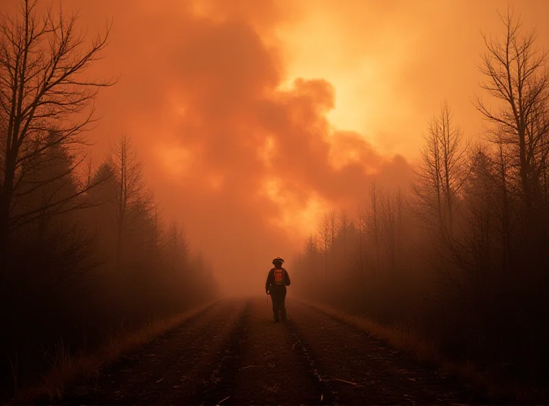 A wide shot of a wildfire raging through a forest in Iwate Prefecture, Japan, with plumes of smoke rising into the air and firefighters battling the flames.