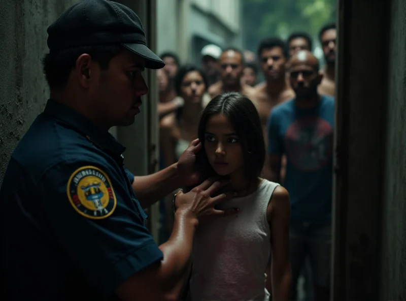 A concerned police officer gently comforting a young girl who looks traumatized, outside of a dark and damp cellar entrance in Brazil, with a crowd of angry people blurred in the background.